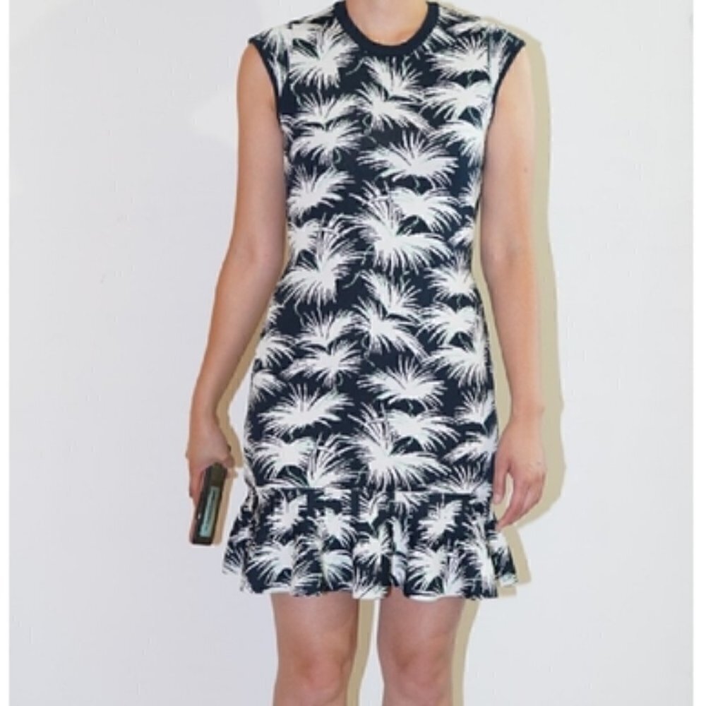 Rachel Roy Fireworks Knit Bodycon Fluted Dress Navy White M Work Preppy Casual